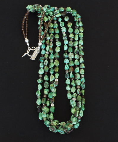 Green Turquoise Nugget 4-Strand Necklace with Peridot Rounds, Czech Glass and Sterling Silver