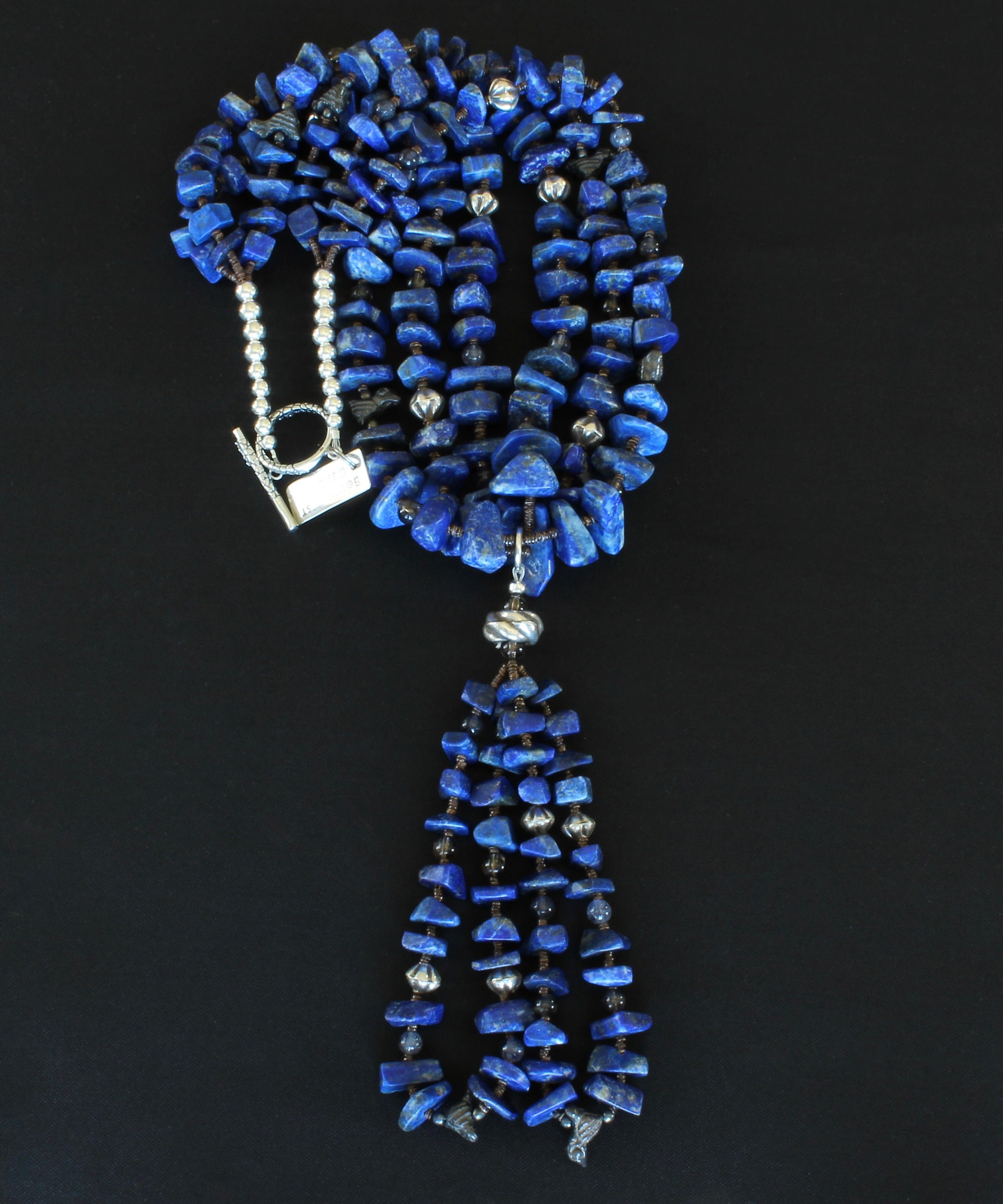 Lapis Long Chip 3-Strand Necklace with Jacla, Bird Amulets, Iolite & Smoky Quartz, and Sterling Silver Beads & Toggle Clasp