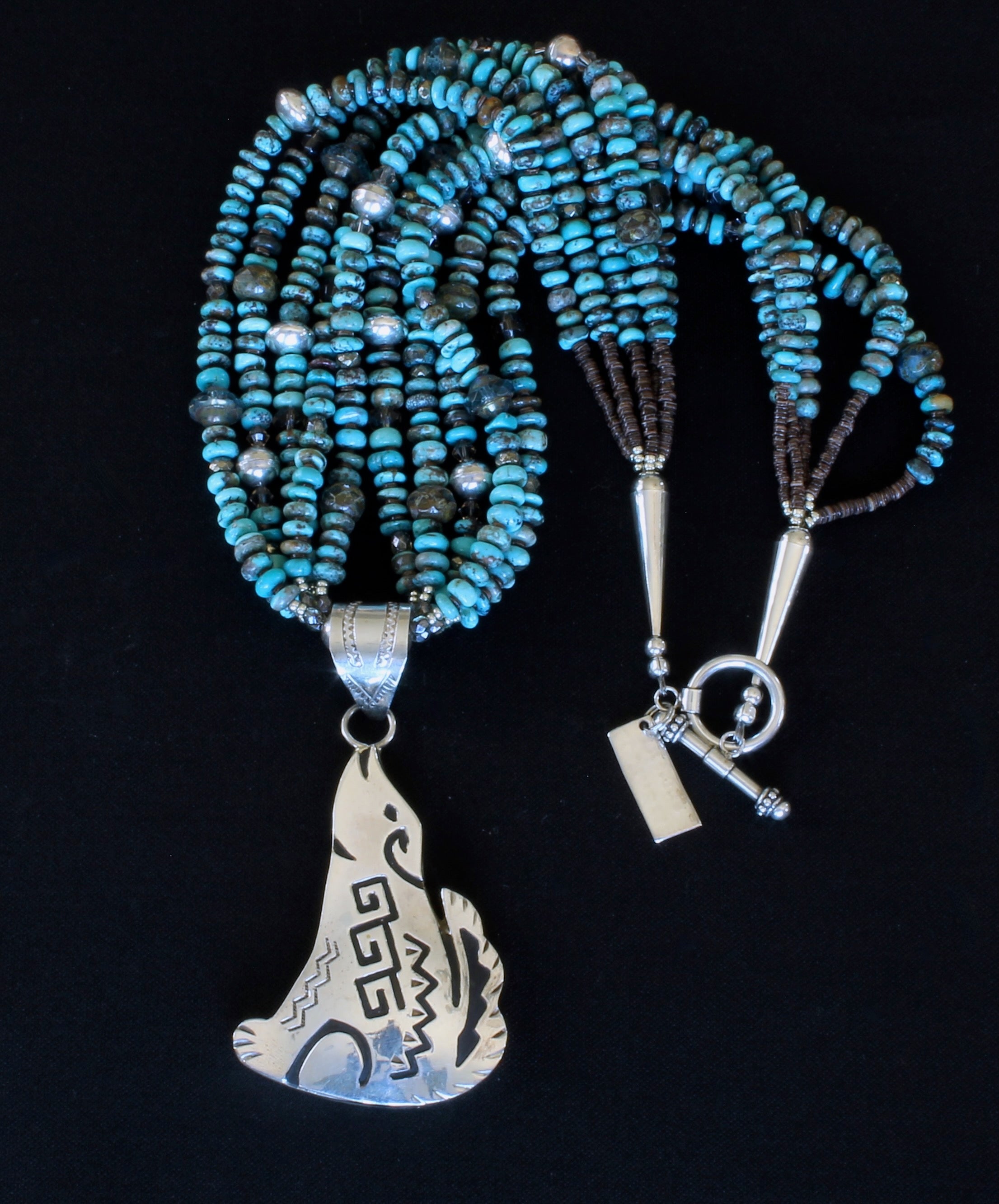 Alonzo Mariano Sterling Silver Coyote Pendant with 5 Strands of Turquoise Rondelles