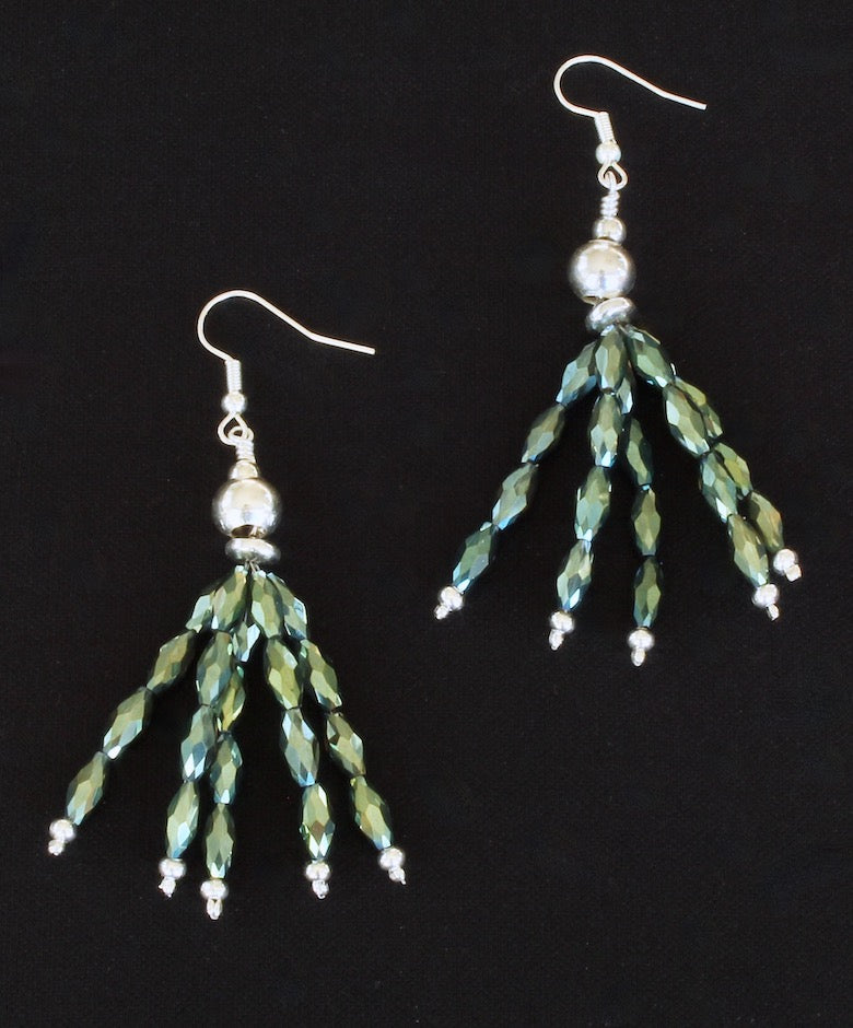 Emerald Green Glass Rice Bead Earrings with Sterling