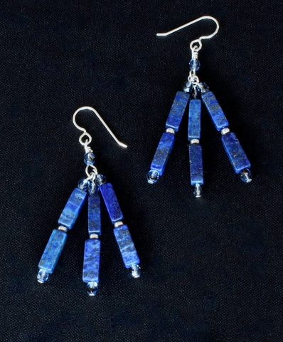 Lapis Rectangles 3-Strand Earrings with Fire Polished Glass & Sterling