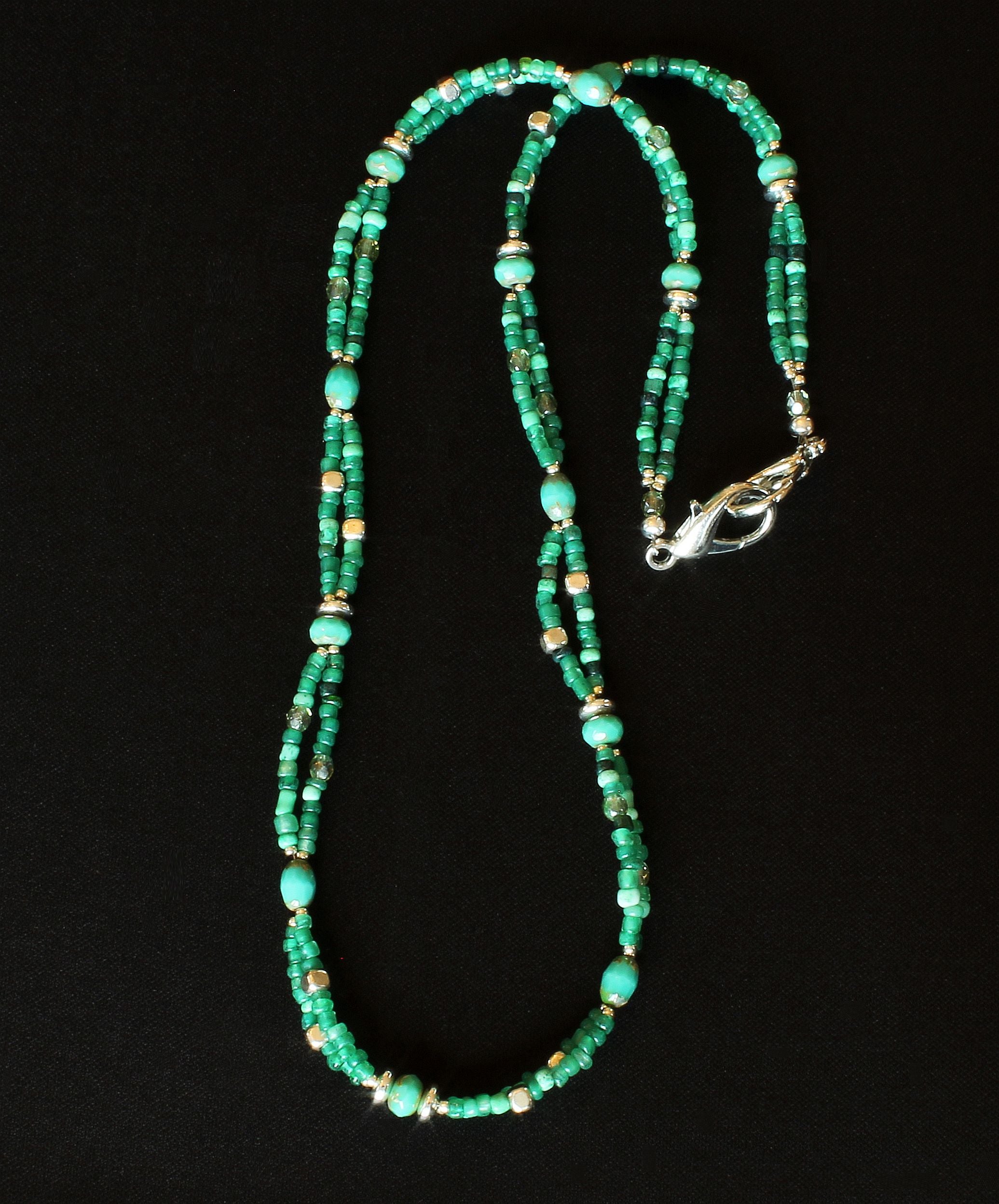 Green Multi 2-Strand Glass Mask Lanyard with Czech Glass and Plated Silver