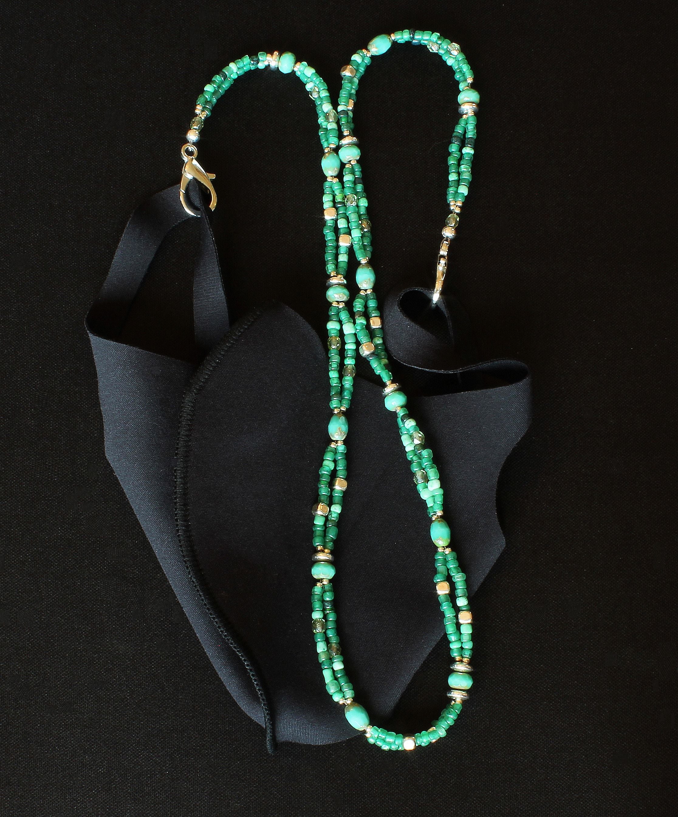 Green Multi 2-Strand Glass Mask Lanyard with Czech Glass and Plated Silver