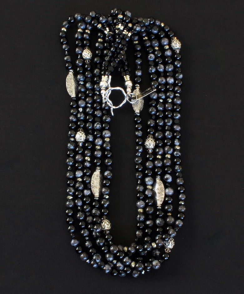 Indigo Gabbro & Onyx Rounds 5-Strand Necklace with Hill Tribe & Sterling Silver