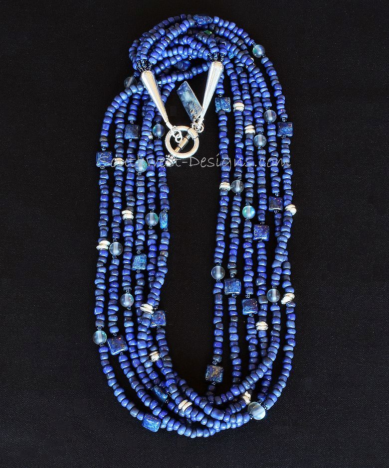 Blue Indonesian Glass 6-Strand Necklace with Lapis, Blue Crystal Rounds and Sterling Silver