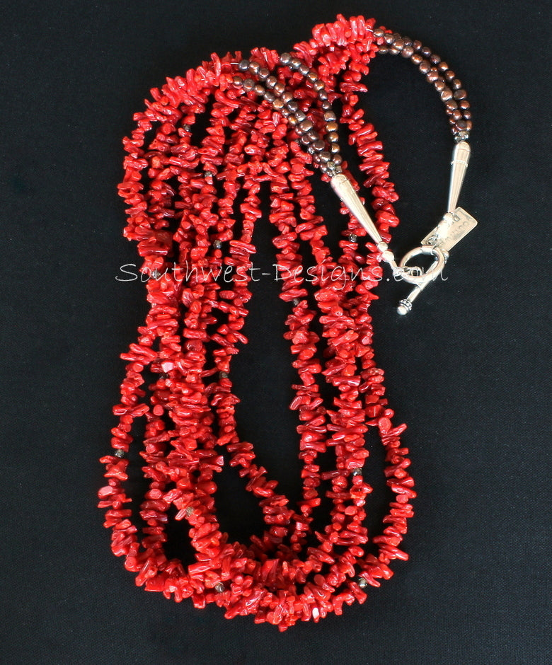 Italian Coral Cupolini 5-Strand Necklace with Fire Polished Glass, Bronze Nugget Pearls and Sterling Silver