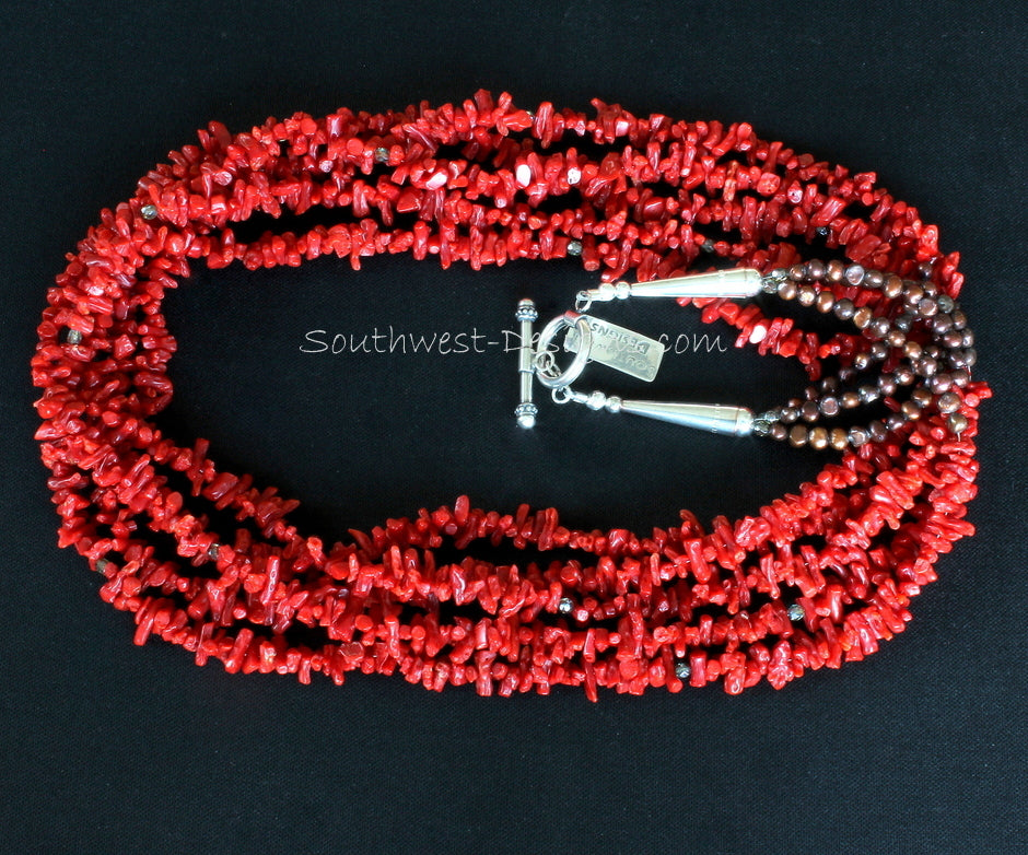 Italian Coral Cupolini 5-Strand Necklace with Fire Polished Glass, Bronze Nugget Pearls and Sterling Silver