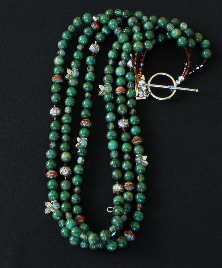 Jade Rounds 3-Strand Necklace with Czech Glass and Sterling Silver Beads, Charms and Toggle Clasp