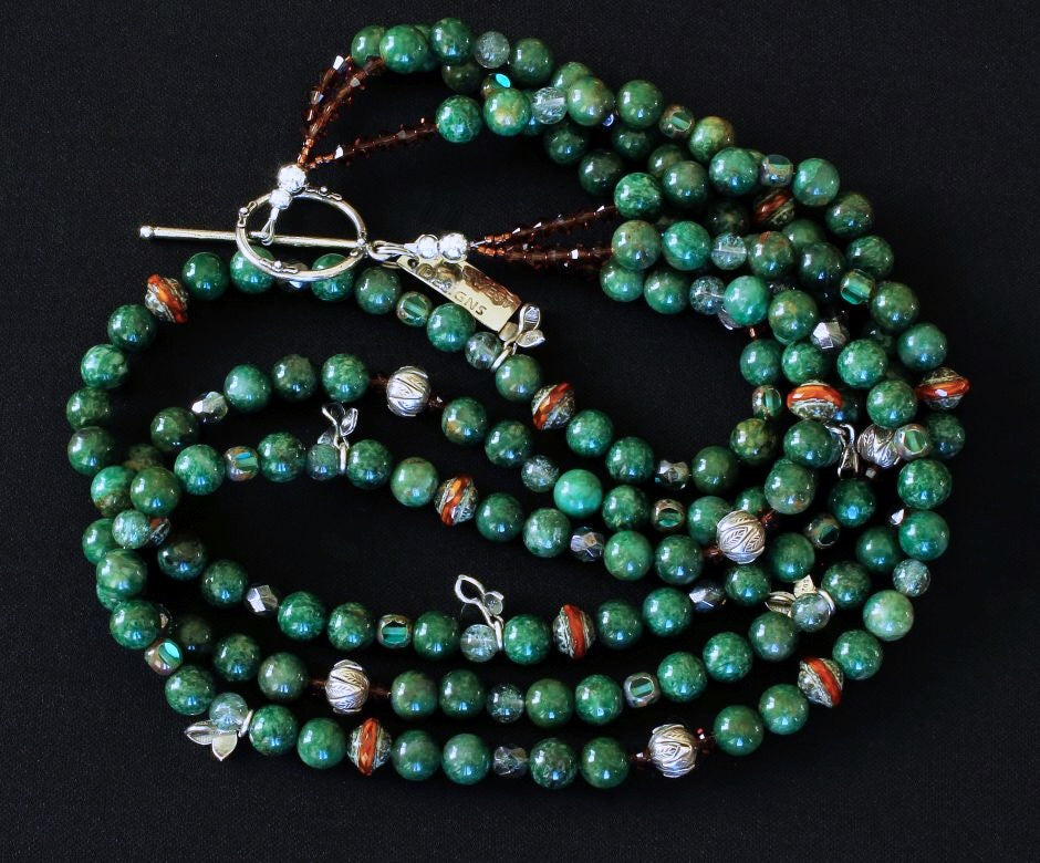 Jade Rounds 3-Strand Necklace with Czech Glass and Sterling Silver Beads, Charms and Toggle Clasp