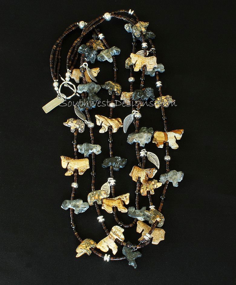 36-Piece Jasper and Black Horn Talisman Necklace with Smoky Quartz and Sterling Silver Leaves, Beads and Toggle Clasp