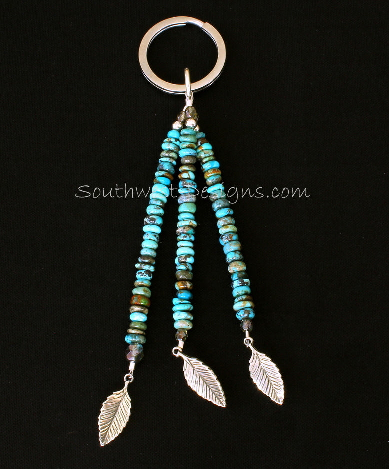 Key Ring with 3 Strands of Turquoise Rondelles, Fire Polished Glass, Sterling Silver Leaf Charms and Sterling Rounds