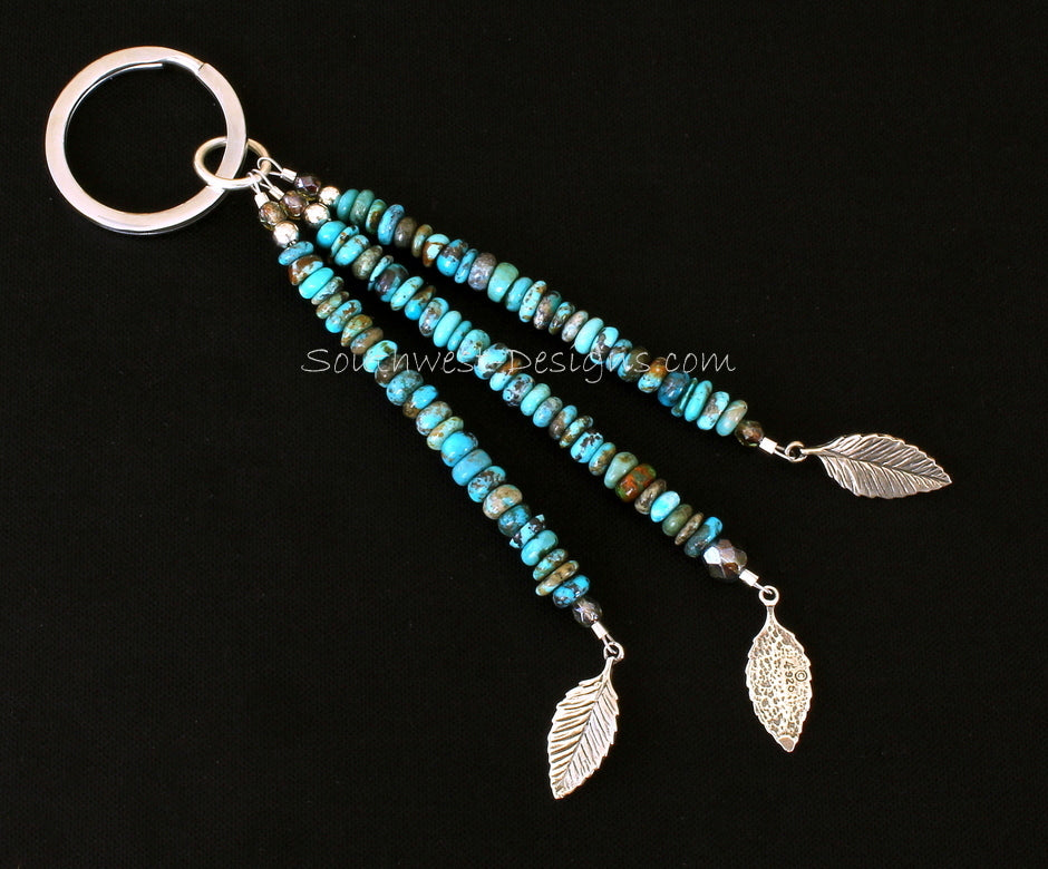 Key Ring with 3 Strands of Turquoise Rondelles, Fire Polished Glass, Sterling Silver Leaf Charms and Sterling Rounds