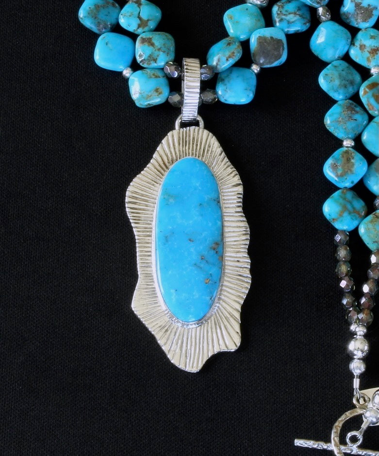Kingman Turquoise and Sterling Silver Pendant with 2 Strands of Turquoise Diamonds