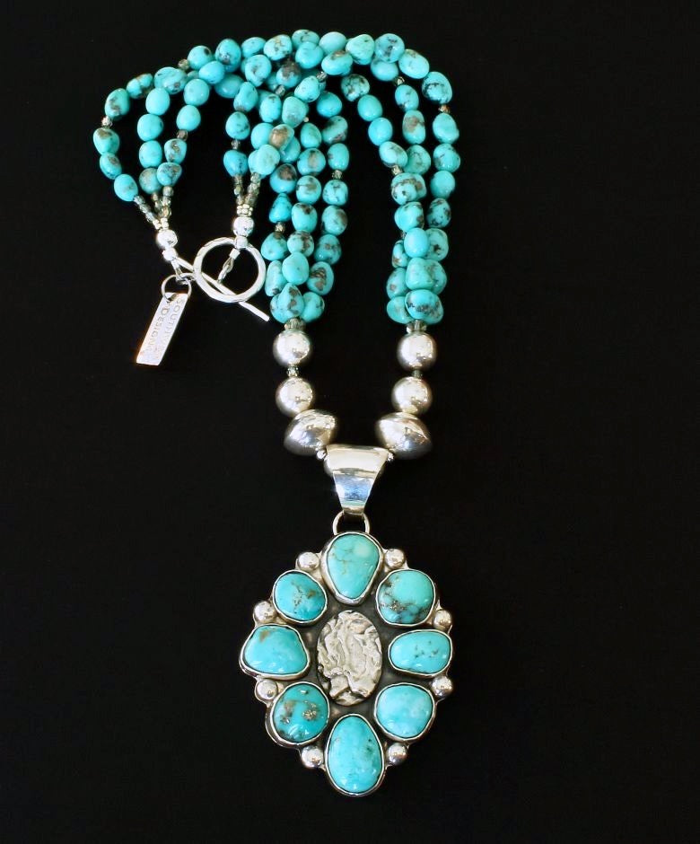 Kingman & Campitos Turquoise & Sterling Silver 8-Stone Pendant with Arizona Turquoise Nuggets