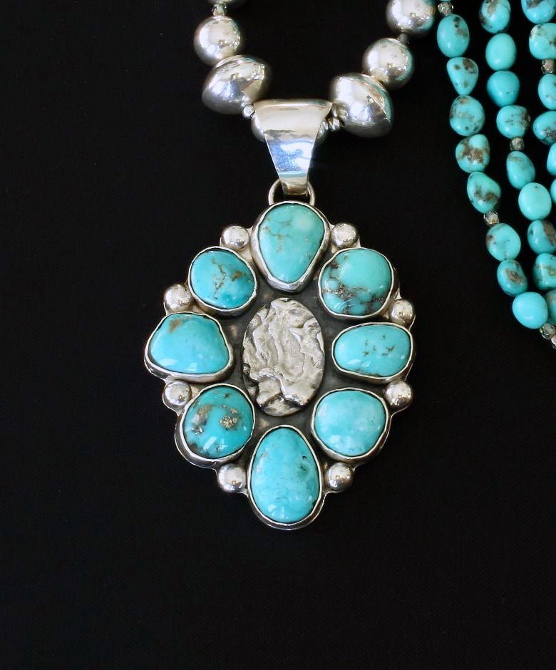 Kingman & Campitos Turquoise & Sterling Silver 8-Stone Pendant with Arizona Turquoise Nuggets