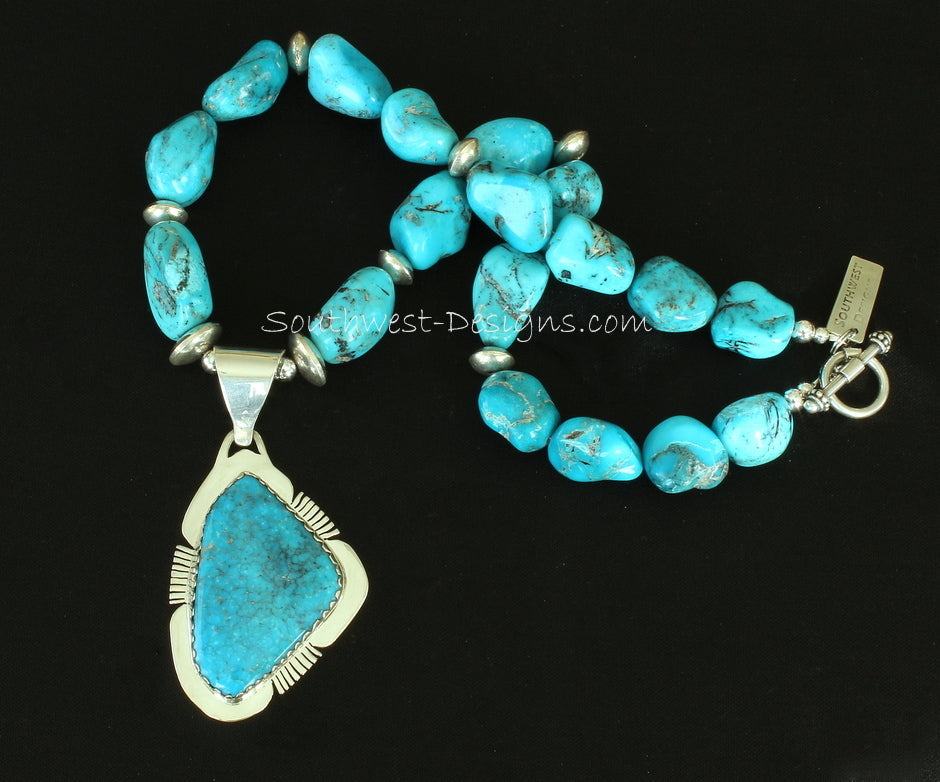 Kingman Turquoise & Sterling Pendant with 2 Strands of Nevada Blue Gem Nuggets & Sterling