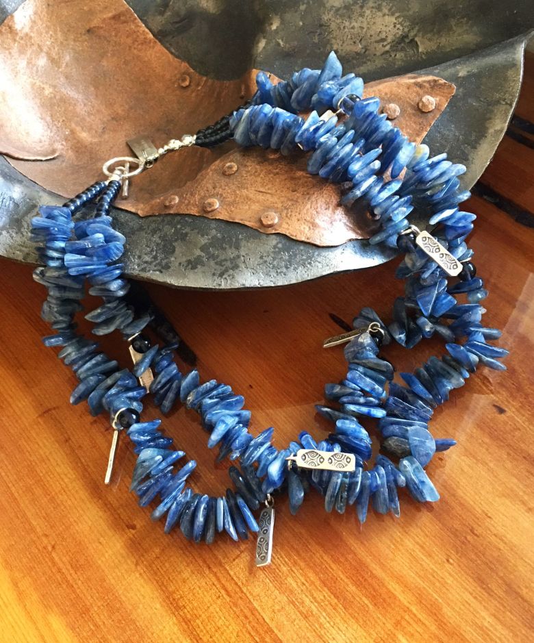 Kyanite Briolette 2-Strand Necklace with Hill Tribe Silver Rectangular Charms, Montana Blue Czech Druk Glass Rounds, and a Hammered Sterling Silver Toggle Clasp