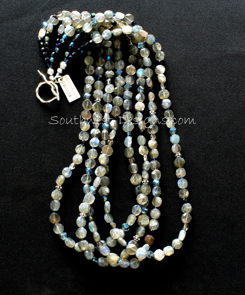 Labradorite Coin Bead 4-Strand Necklace with Czech Glass and Sterling Silver