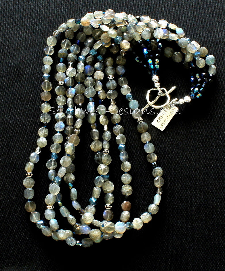 Labradorite Coin Bead 4-Strand Necklace with Czech Glass and Sterling Silver