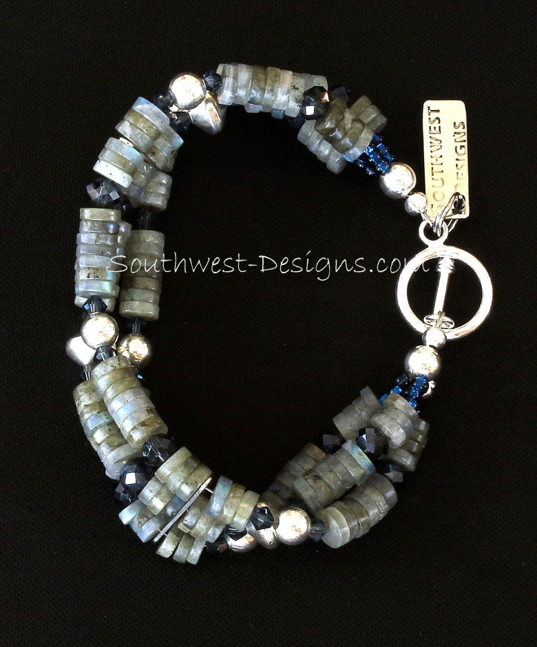 Labradorite Heishi 3-Strand Bracelet with Swarovski Crystal and Sterling Silver