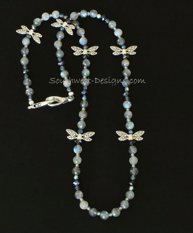Labradorite Faceted Rounds Mask Lanyard with Blue Crystal, Czech Glass and Silver Dragonfly Charms