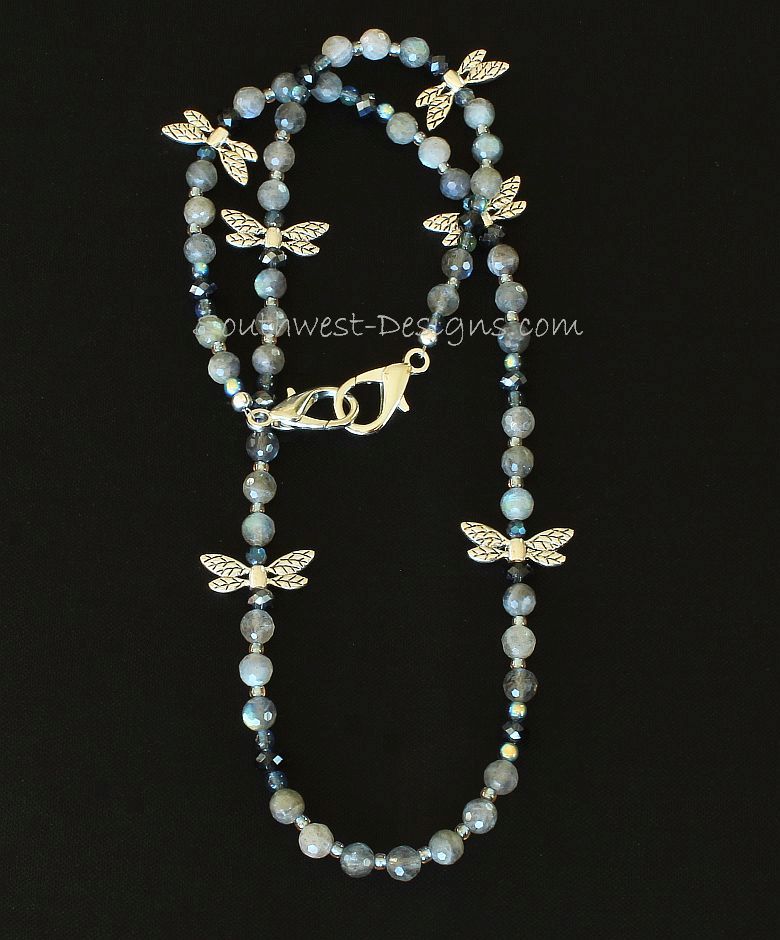 Labradorite Faceted Rounds Mask Lanyard with Blue Crystal, Czech Glass and Silver Dragonfly Charms