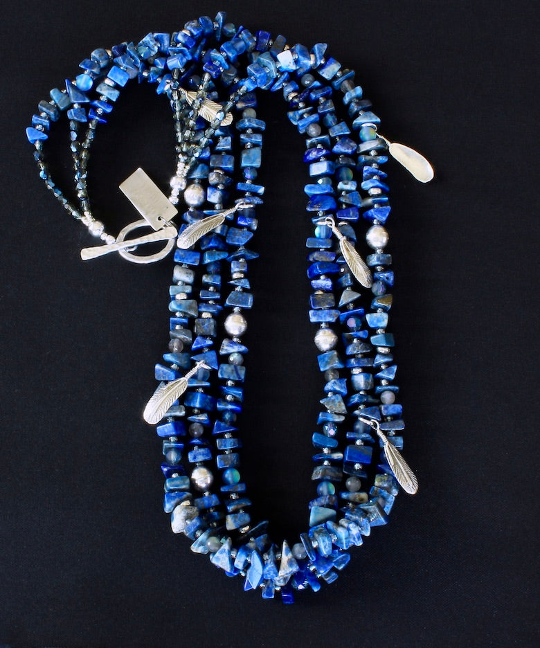 Lapis Lazuli Nugget 3-Strand Necklace with Labradorite, Crystal, Czech Glass and Sterling Silver