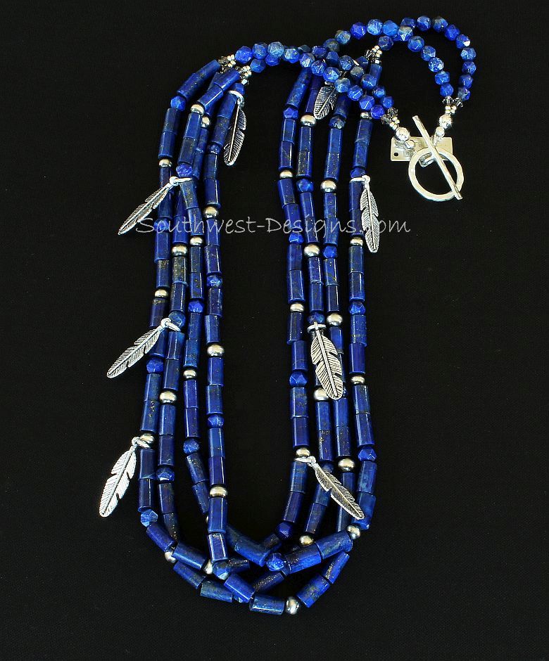 Lapis Cylinder Bead 4-Strand Necklace with Sterling Silver Beads and Feather Charms