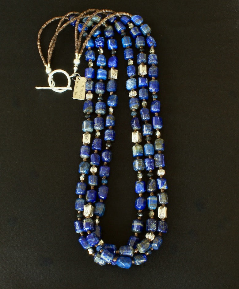 Lapis Faceted Cylinder 3-Strand Necklace with Hill Tribe Silver