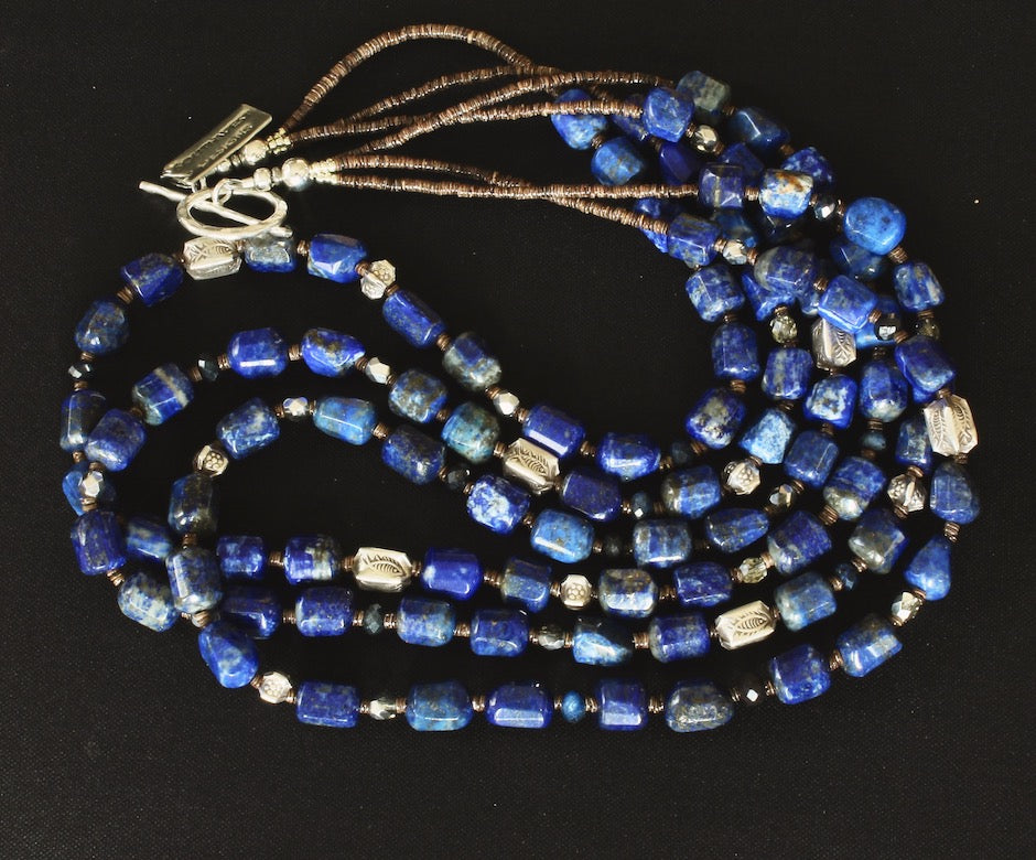 Lapis Faceted Cylinder 3-Strand Necklace with Hill Tribe Silver