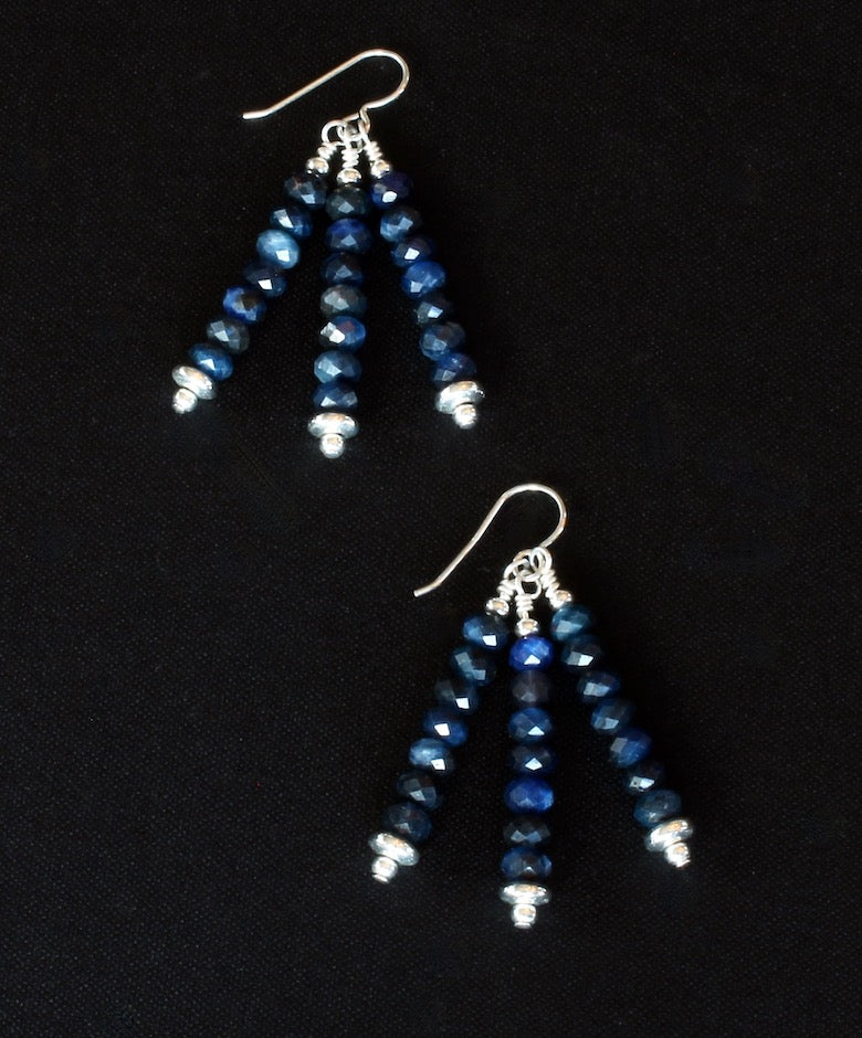 Lapis Faceted Rondelle Bead 3-Dangle Earrings with Sterling Silver