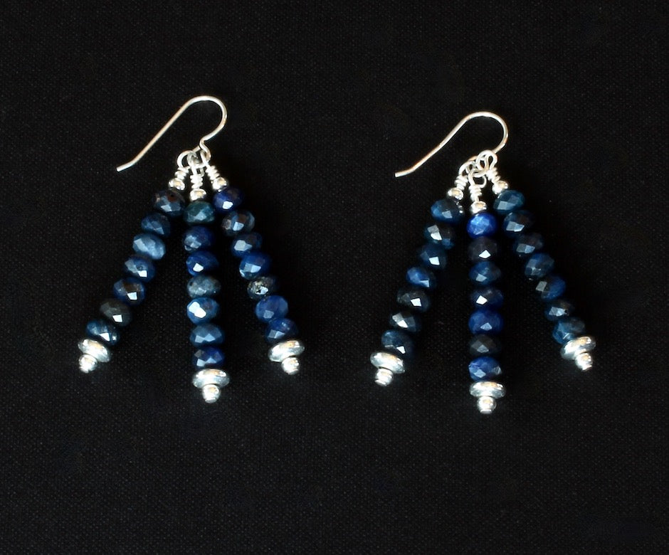 Lapis Faceted Rondelle Bead 3-Dangle Earrings with Sterling Silver