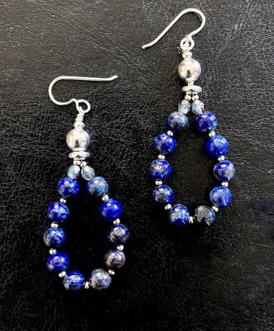 Lapis Lazuli Rounds Loop Earrings with Fire Polished Glass Ovals, Silver Seed Beads, and Sterling Silver Rounds, Discs and Earring Wires