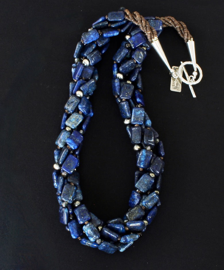 Lapis Lazuli Rectangles 5-Strand Twist Necklace with Smoky Quartz and Sterling Silver