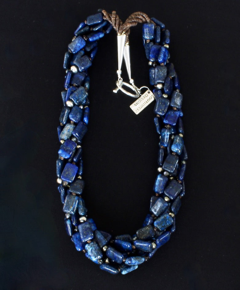 Lapis Lazuli Rectangles 5-Strand Twist Necklace with Smoky Quartz and Sterling Silver