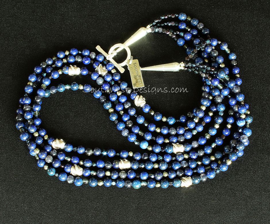 Lapis and Iolite 4-Strand Necklace with Antique Czech Nailheads, Fire Polished Glass, Pyrite Nuggets, and Sterling Silver Beads, Cones & Toggle Clasp