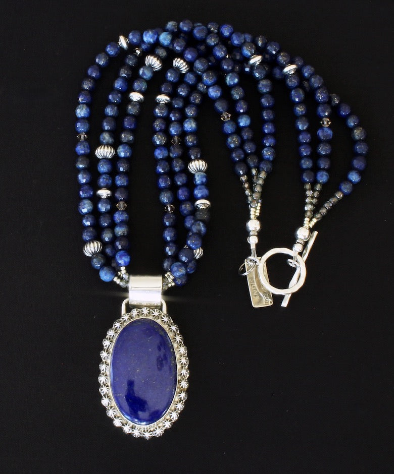 Lapis Lazuli & Sterling Silver 29 Concho Button Pendant with Czech Glass and Sterling Silver