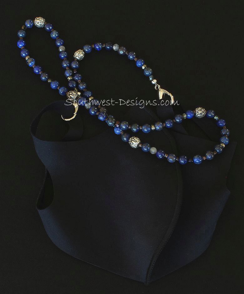 Lapis Rounds Mask Lanyard with Czech Glass, Pyrite and Ornate Plated Silver