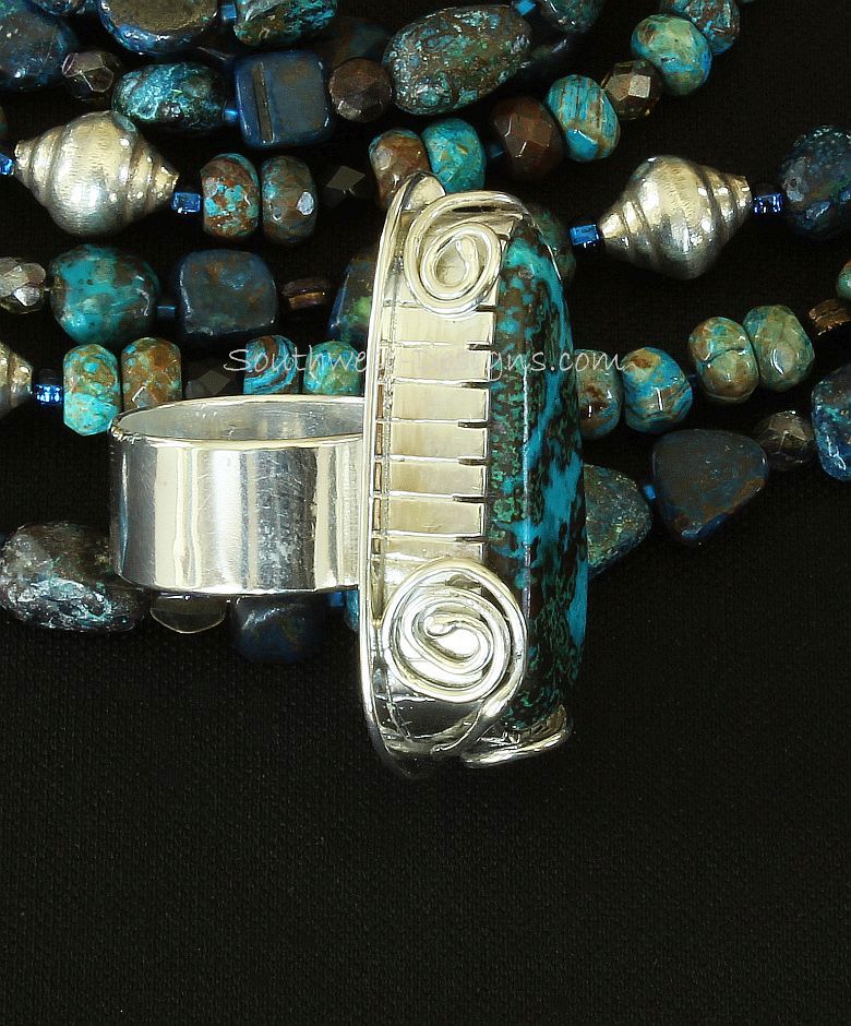 Malachite Chrysocolla and Sterling Silver Band Ring with Sterling Wire Scrolls
