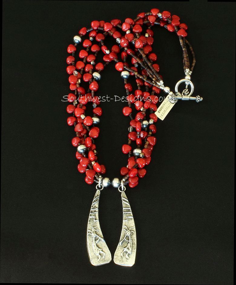 Merle House Sterling Tufa Cast Pendants with 4 Strands of Bamboo Coral and Sterling