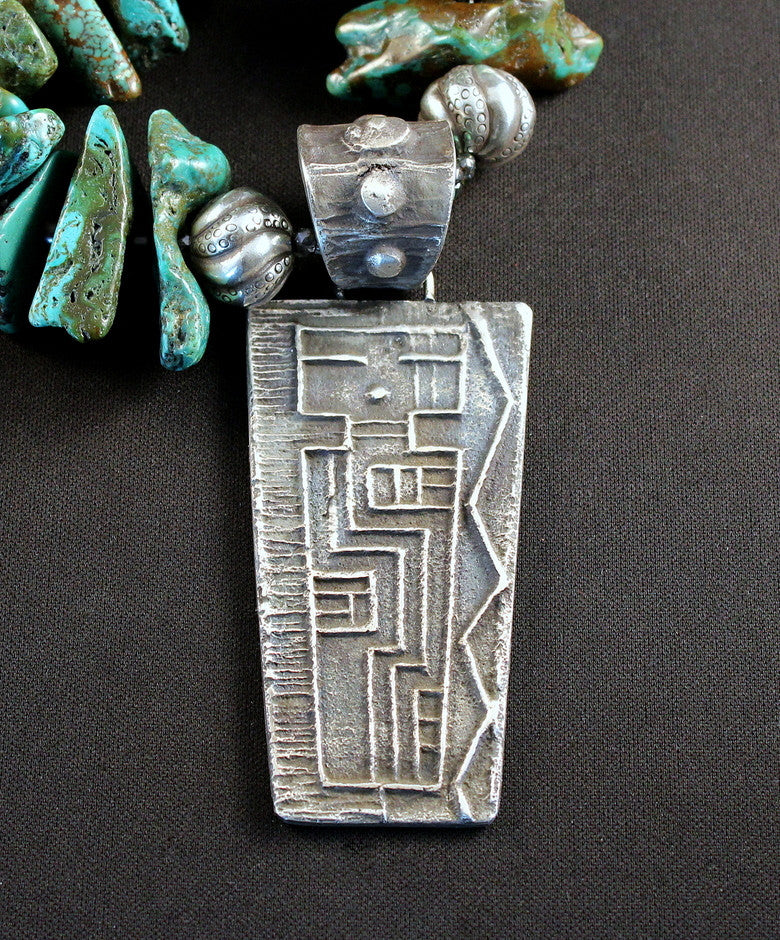 Tufa Cast Sterling Silver Pendant with Graduated Turquoise Nuggets, Czech Firepolished Glass, Pen Shell Heishi and Sterling Silver