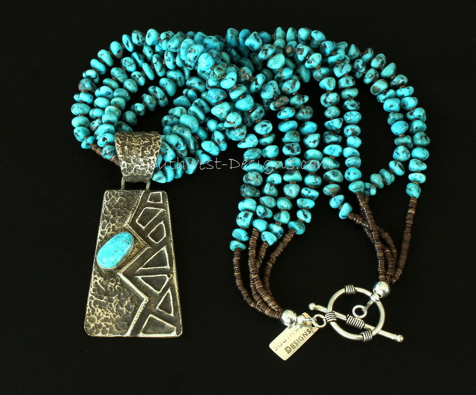 Merle House Tufa Cast Turquoise & Sterling Pendant with 4 Strands of Turquoise Nuggets and Sterling