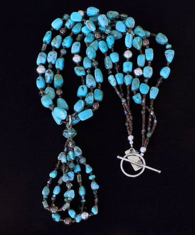 Campitos Turquoise Nugget 3-Strand Necklace with Turquoise Jacla, Czech Druk Glass and Sterling Silver