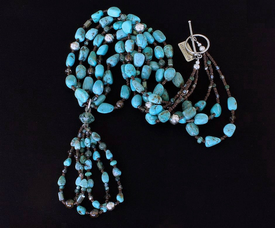 Campitos Turquoise Nugget 3-Strand Necklace with Turquoise Jacla, Czech Druk Glass and Sterling Silver