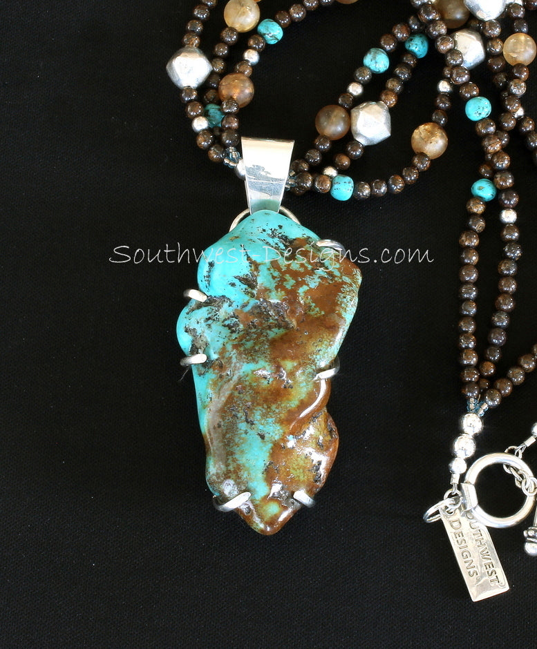Mexican Flats Turquoise and Sterling Silver Post-Set Pendant with 3 Strands of Bronzite, Amber Quartz, Turquoise & Sterling