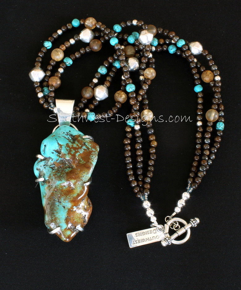 Mexican Flats Turquoise and Sterling Silver Post-Set Pendant with 3 Strands of Bronzite, Amber Quartz, Turquoise & Sterling