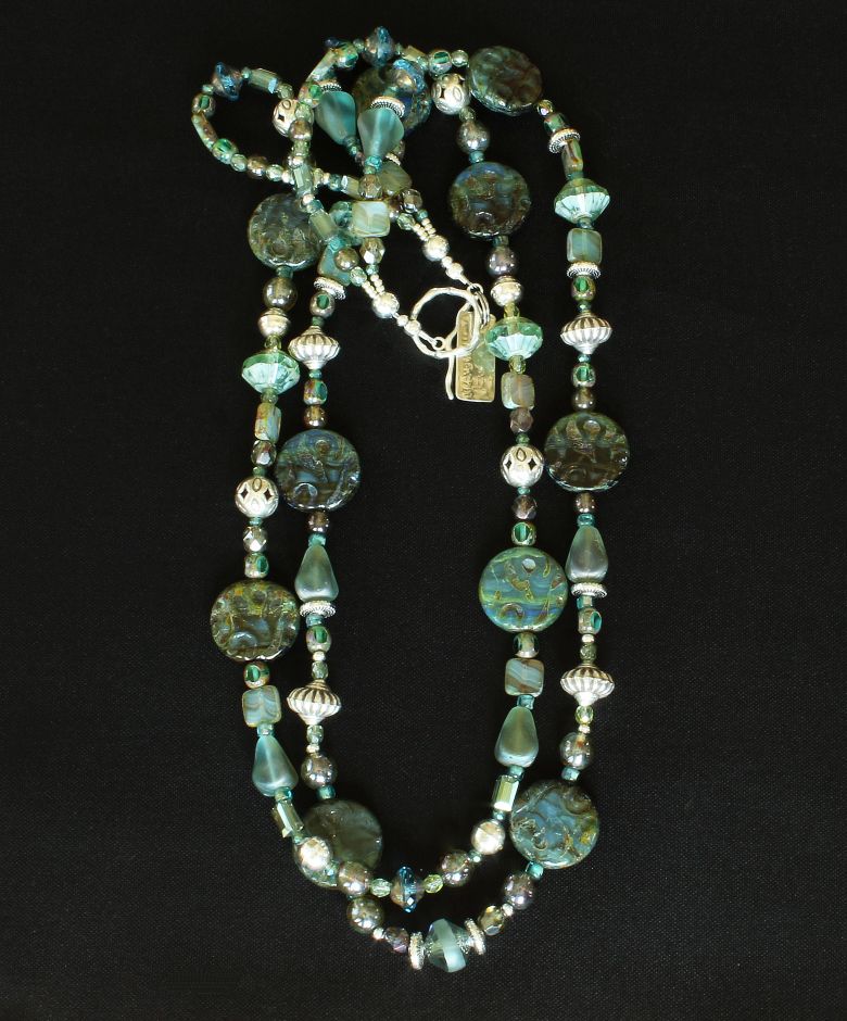 Mixed Czech Glass and Fire Polished Glass 2-Strand Necklace with Ornate Sterling Silver Beads and Toggle Clasp