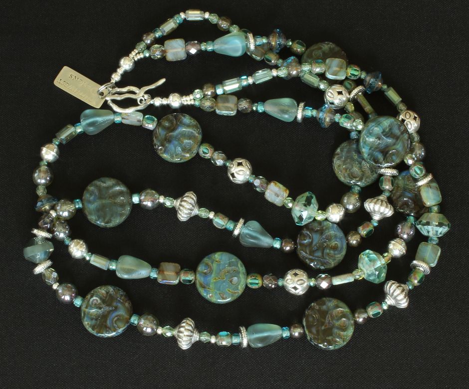 Mixed Czech Glass and Fire Polished Glass 2-Strand Necklace with Ornate Sterling Silver Beads and Toggle Clasp