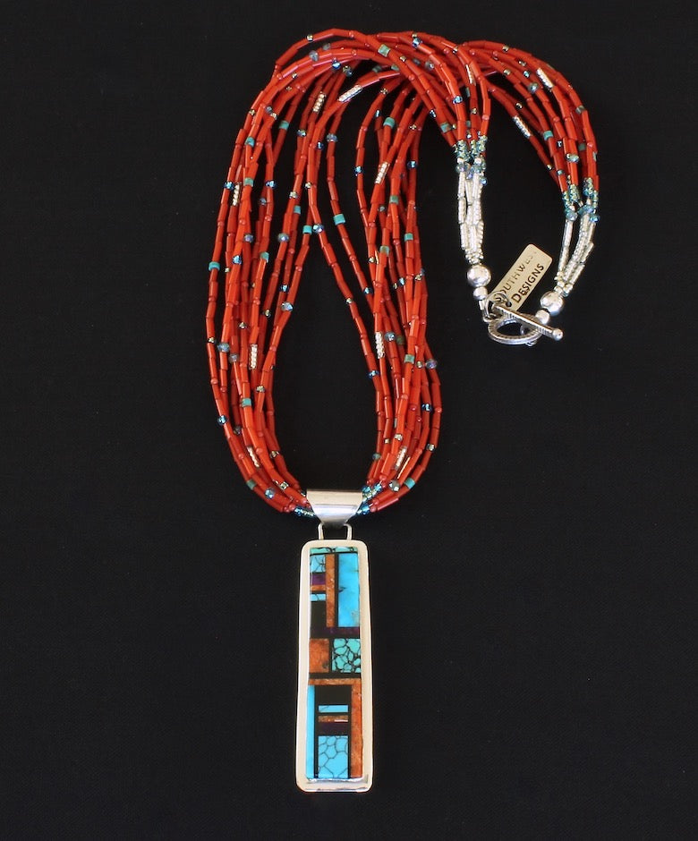 Navajo Inlaid Gemstone and Sterling Silver Pendant with 10 Strands of Antique Pote Beads