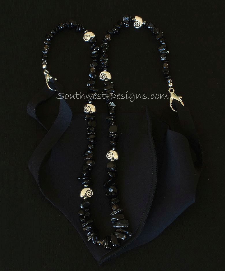 Black Onyx Chip Mask Lanyard with Smoky Quartz and Silver Nautilus Beads